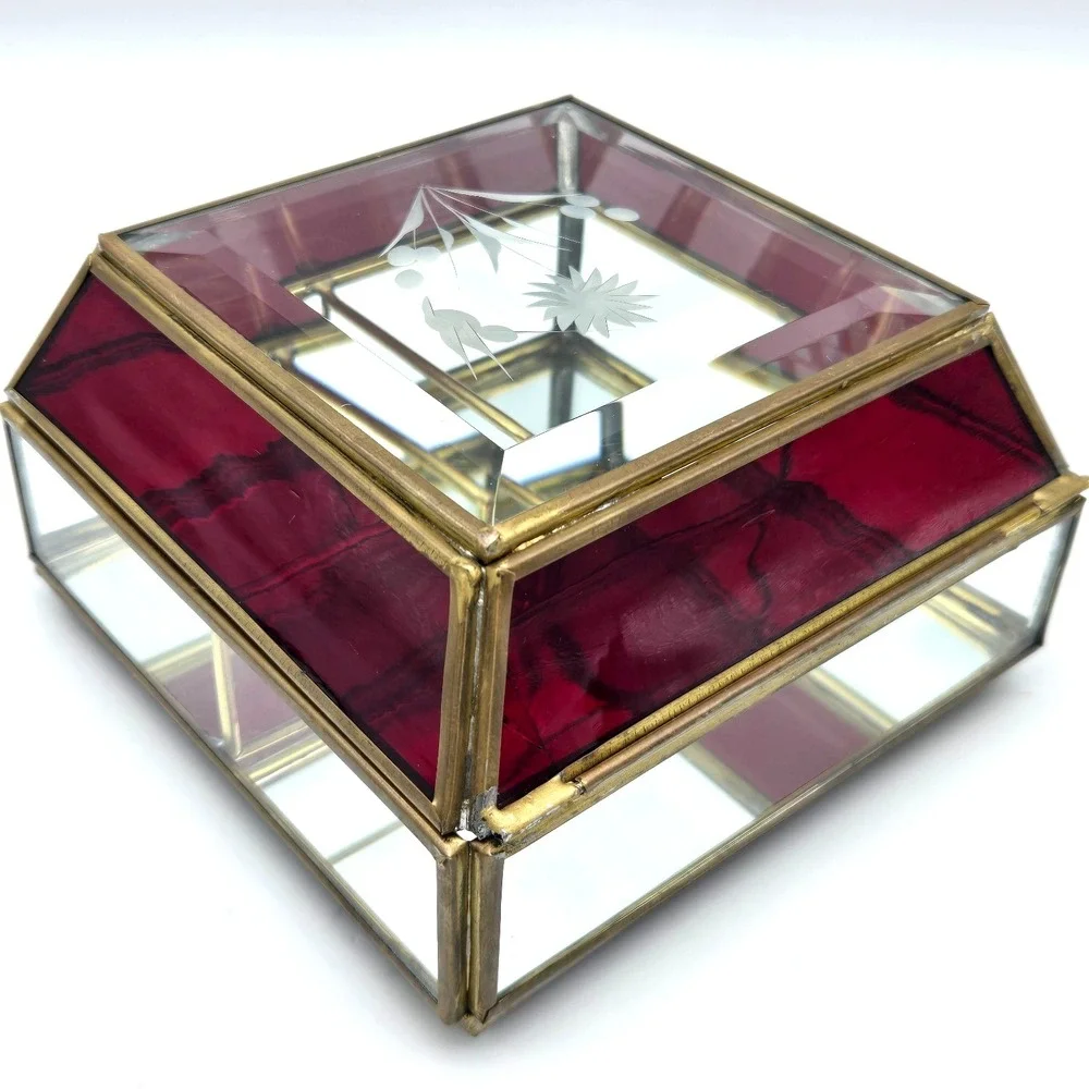Vtg Glass & Brass Domed Jewelry Box Red Clear Casket Mirrored Bottom Beveled Top